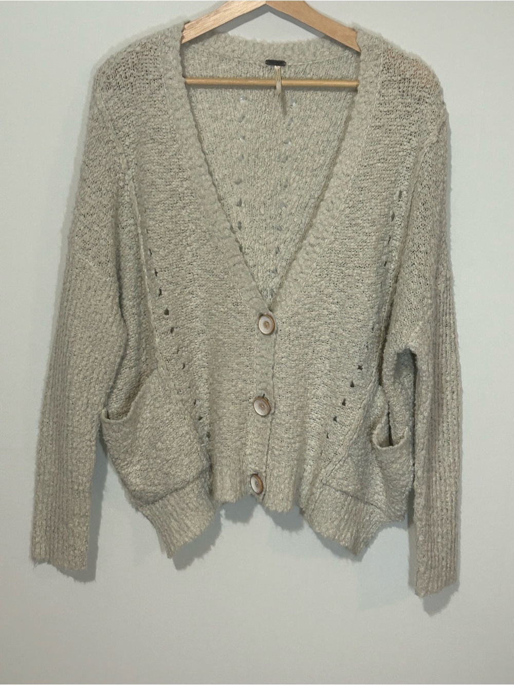 Free People Boho Slouch Bouclé Oatmeal Wool Blend Cardigan Sweater S - Picture 2 of 9